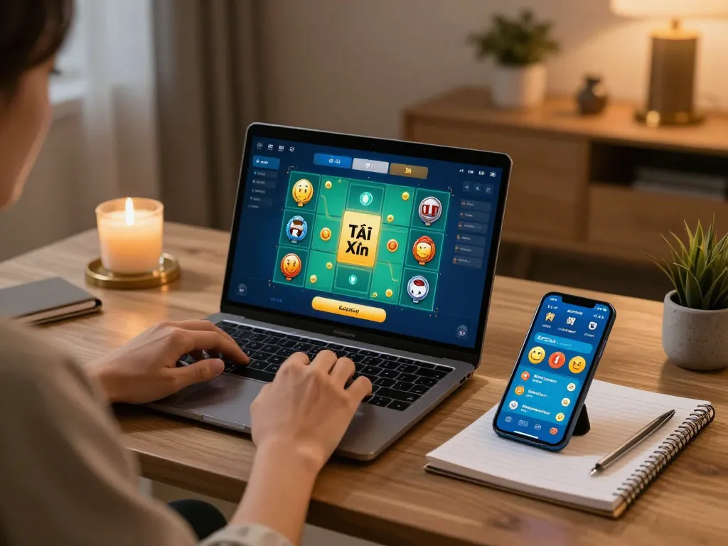 Tài Xỉu online gaming session in a modern home office with laptop and smartphone
