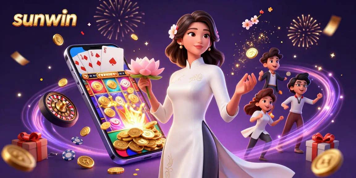 Experience thrilling gameplay with Sunwin, featuring an elegant woman surrounded by golden coins and slot games.