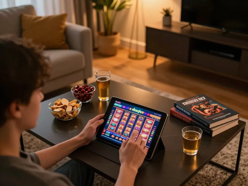 SboBet player engaging with slot games on a tablet in a stylish home gaming setup.