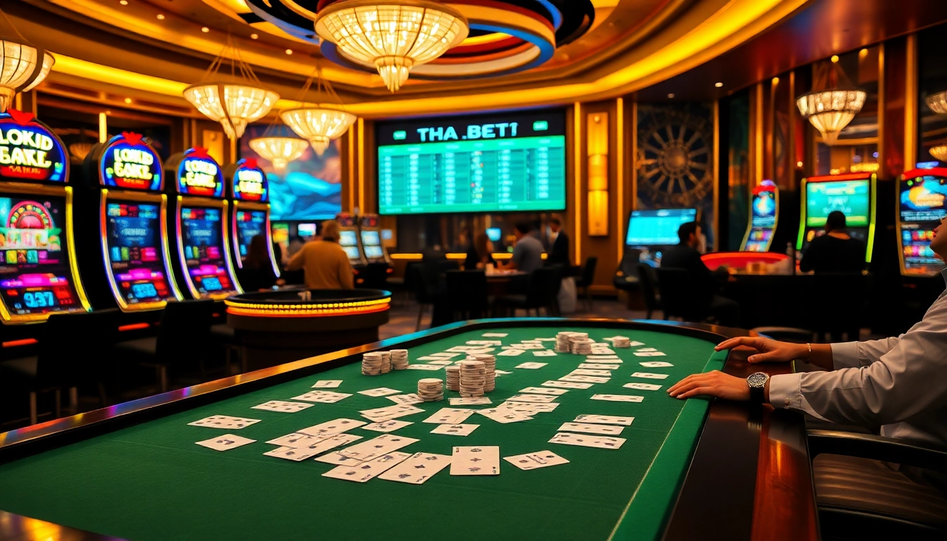 Poker players in action at a luxury casino showcasing Tha bet excitement with vibrant slot machines and roulette.