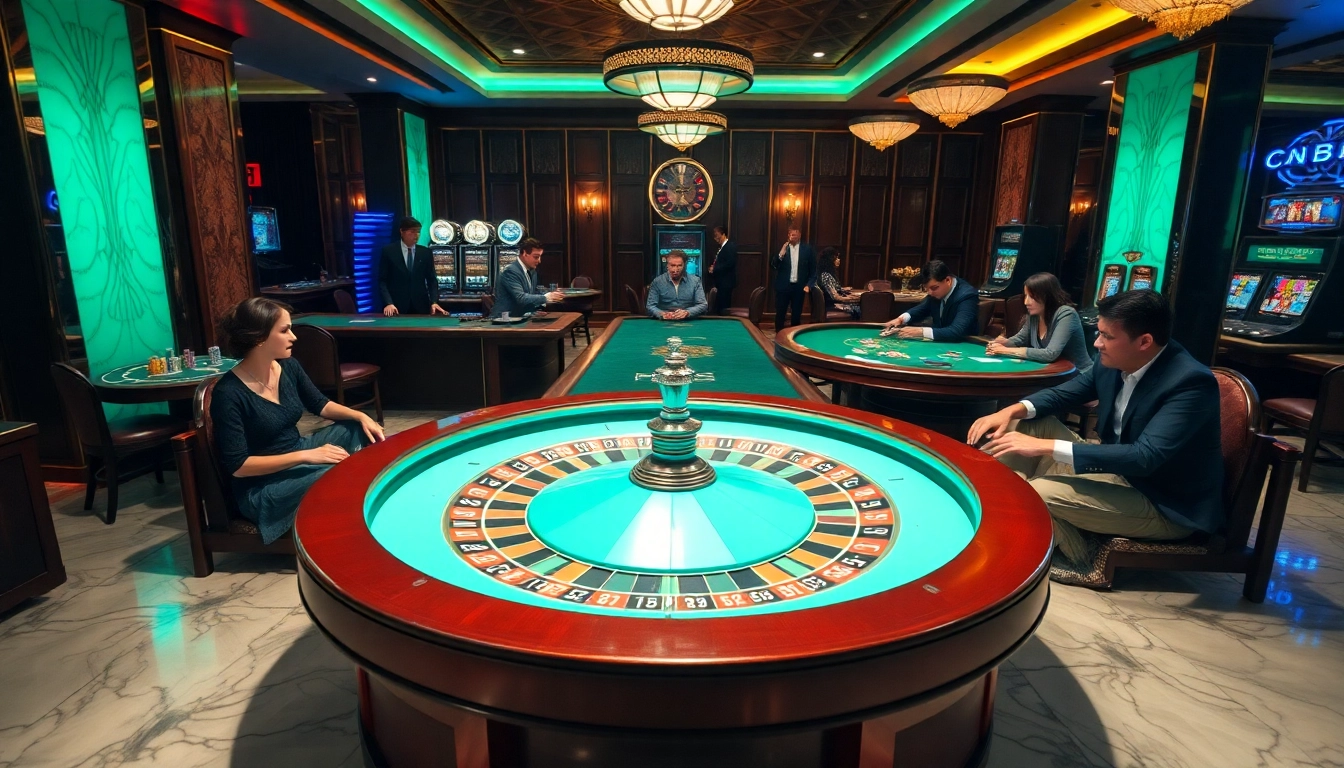 Players engage at a vibrant mint88 roulette wheel in a luxurious casino.