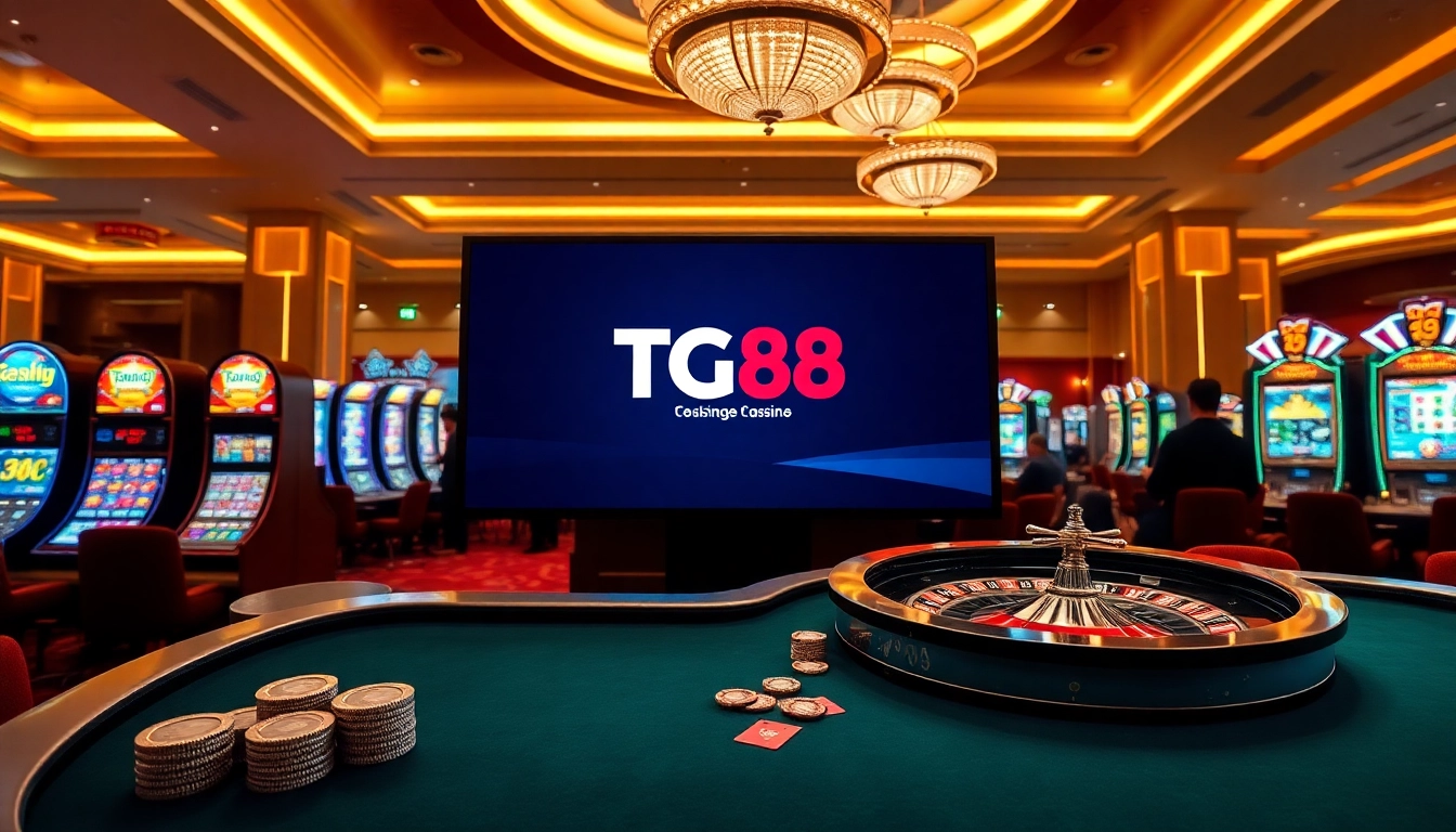 Players engaging in a vibrant casino experience featuring tg88 branding and lively gaming elements.
