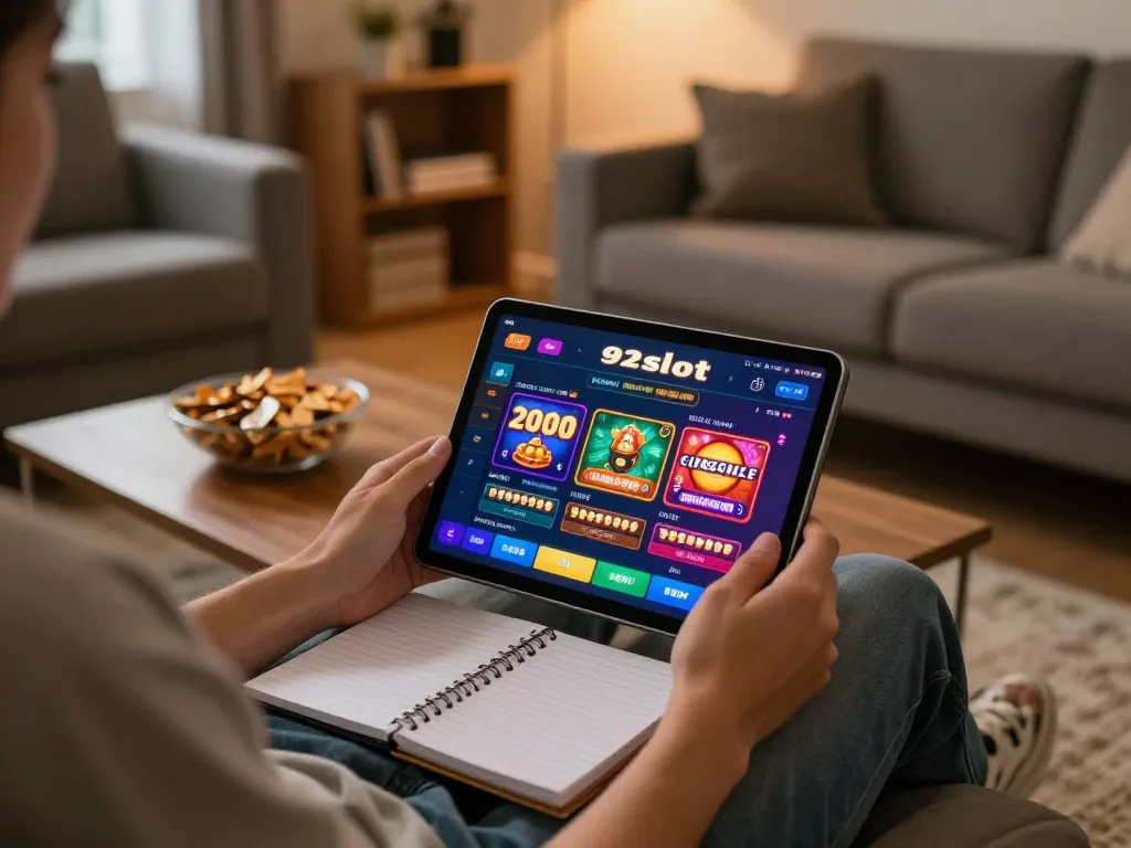 Engaging with 92slot gaming platform on a tablet in a cozy home setting