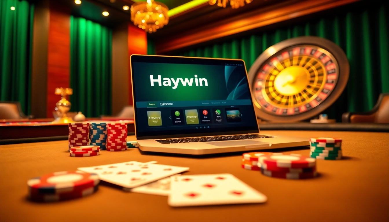 Engaging online gambling scene with Haywin branding, vibrant casino elements including chips and cards.