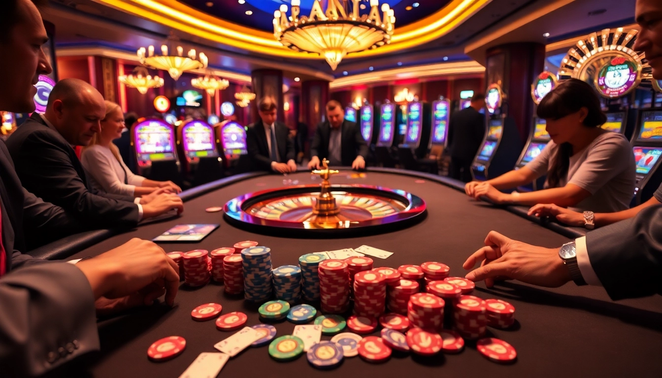 LC88 players placing bets at a luxurious casino table with vibrant poker chips and cards.