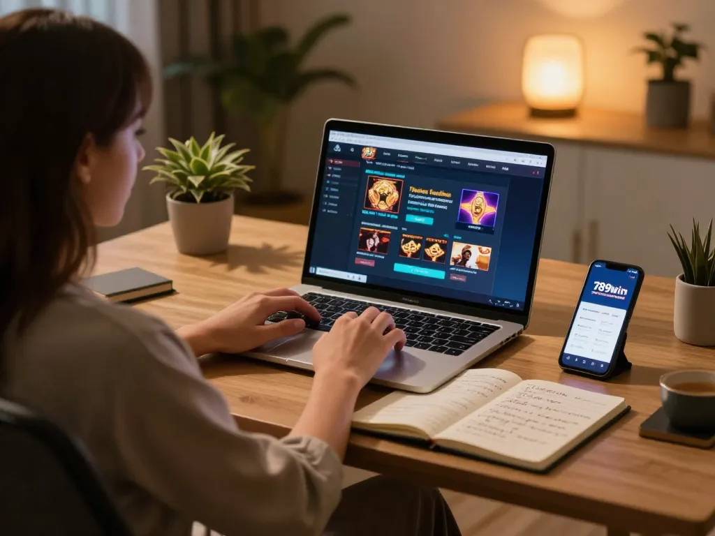 Playing 789win on a laptop at home, highlighting responsible gambling strategy and comfort.