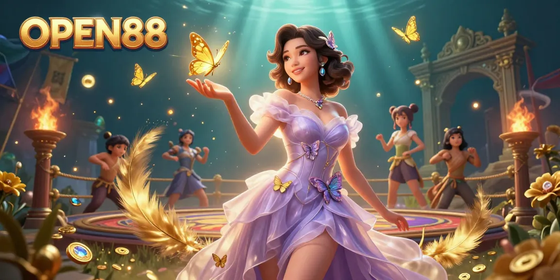 Experience the thrill of OPEN88 with a stunning illustration of dynamic casino elements and captivating characters.