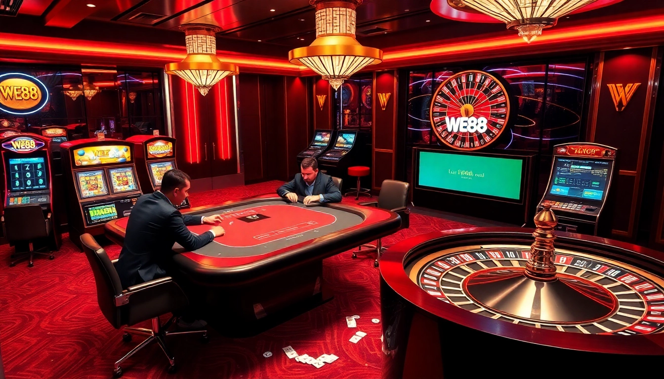 Experience the excitement of WE88 with professional poker players and vibrant casino elements.