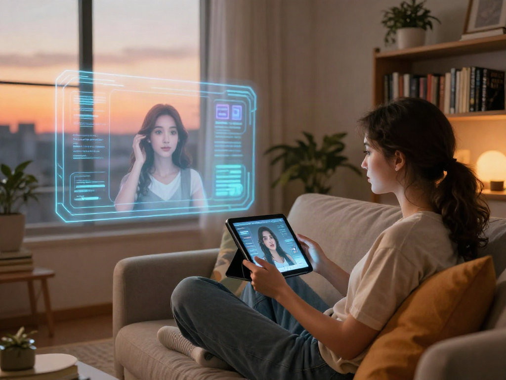 Young woman interacting with an AI girlfriend interface in a cozy living room