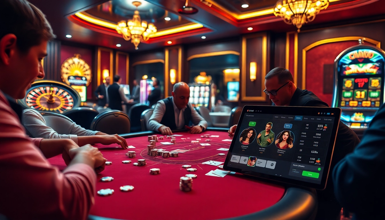 Sumclub poker players strategize at a luxurious table with vibrant casino elements.