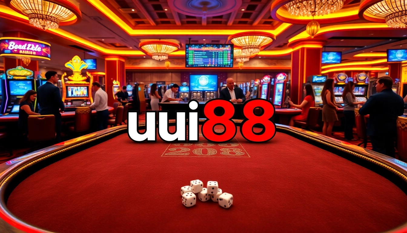 People enjoying games at UU88 casino table with colorful slot machines and vibrant atmosphere.