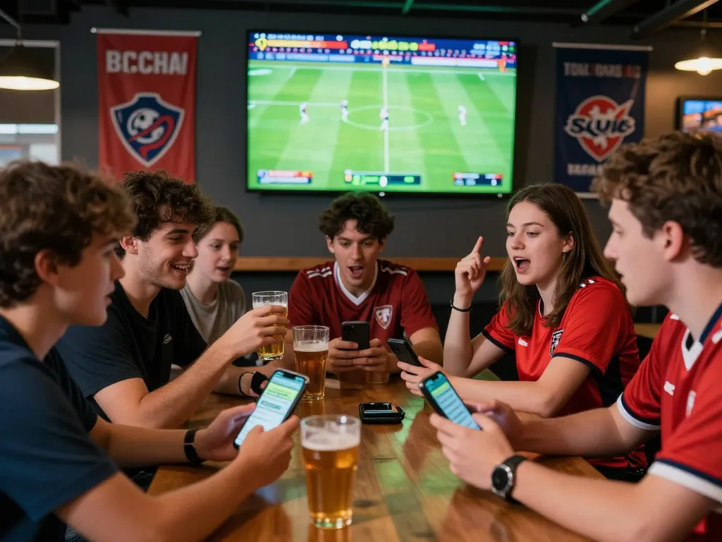 Fans engaging in แทงบอล betting strategies at a lively sports bar during a live match.