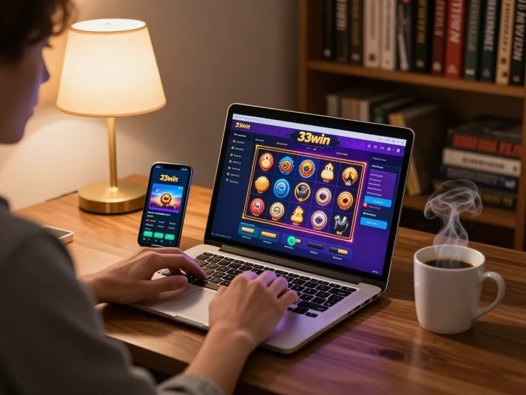 Player enjoying a comfy online gaming session with 33win on laptop, showcasing responsible gaming.