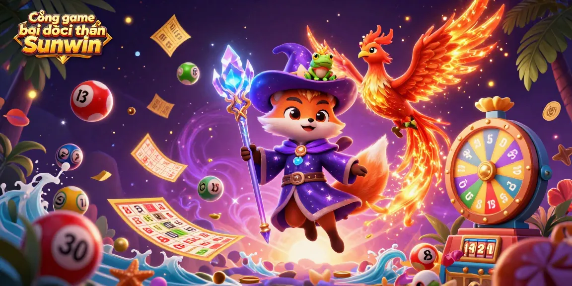 Cổng game bài đổi thưởng Sunwin features a mystical 3D cartoon wizard fox and phoenix amidst vibrant lottery elements, perfect for engaging players.