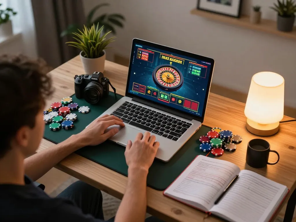 Player enjoying ee88 online roulette in a cozy home setup, highlighting strategic gameplay atmosphere.