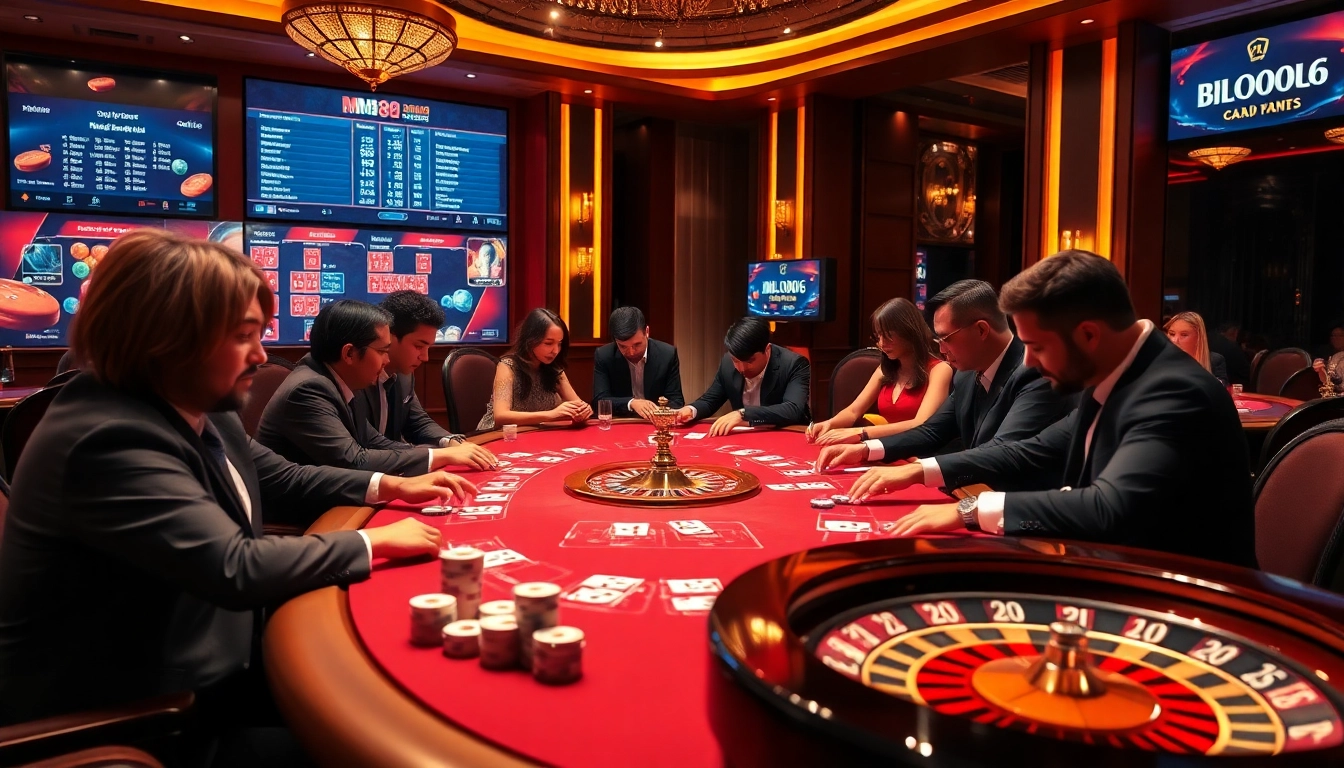 Experience the thrilling ambiance of MM88 casino with professional dealers, engaging gameplay, and vibrant poker chips.