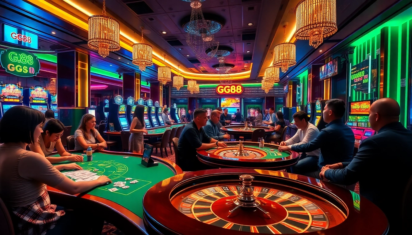 Experience the thrill of GG88 gold casino gaming with a lavish setup of tables and slot machines.