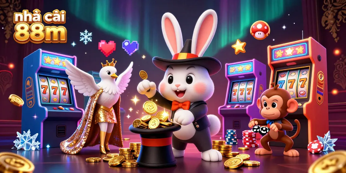 Experience the excitement of nhà cái 88m with a scene of whimsical characters at a digital casino, engaging in fun!