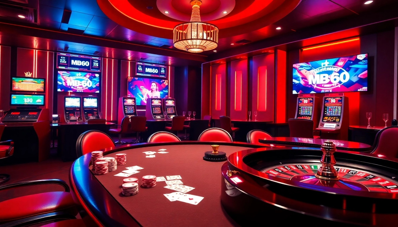 Join the thrilling gaming action at MB66 with an elegant casino setup featuring tables and slot machines.