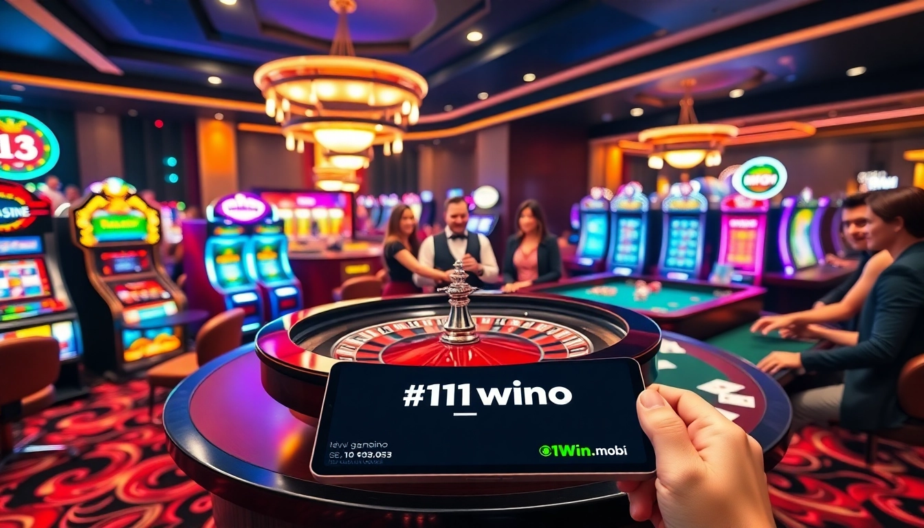Experience the thrill of gambling at https://11win.mobi/ with a vibrant casino scene showcasing roulette and slot machines.