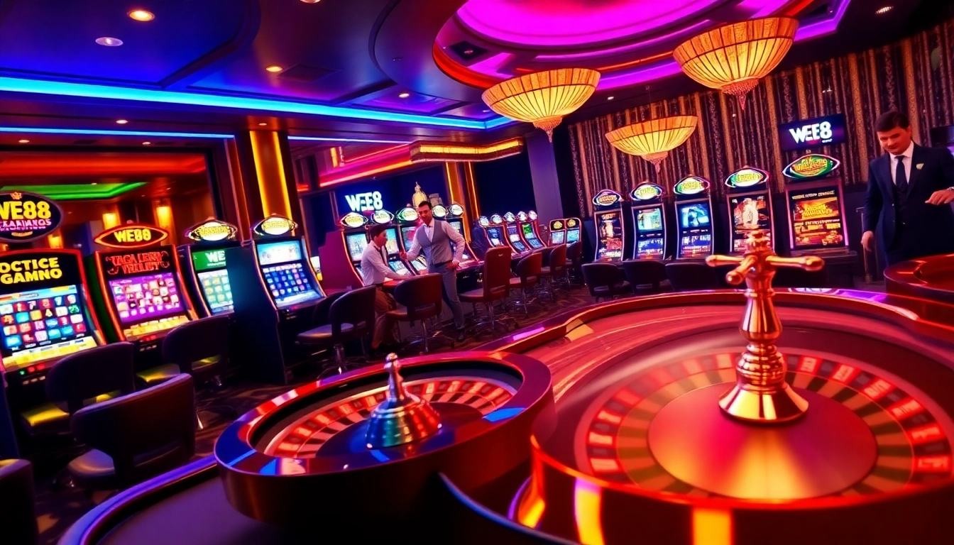 WE88 casino scene showcasing a lively poker table, roulette wheel, and engaging dealer amidst vibrant gaming atmosphere.