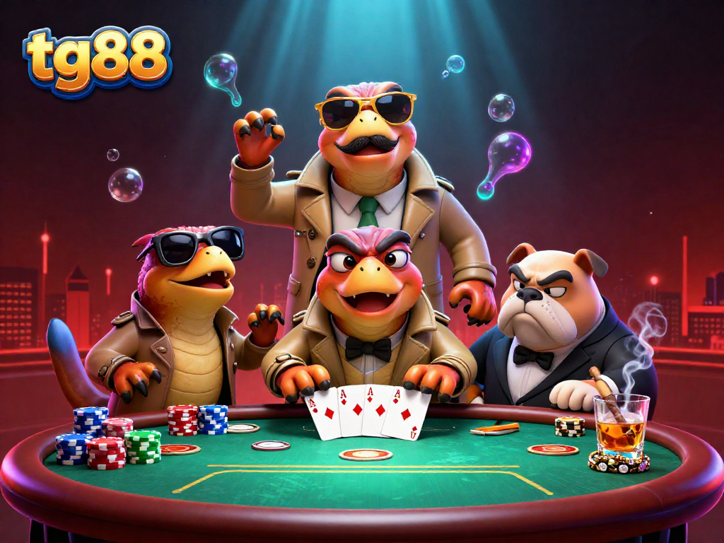 Raptors don a trench coat and try to enter a VIP lounge at tg88, showcasing a vibrant poker scene.