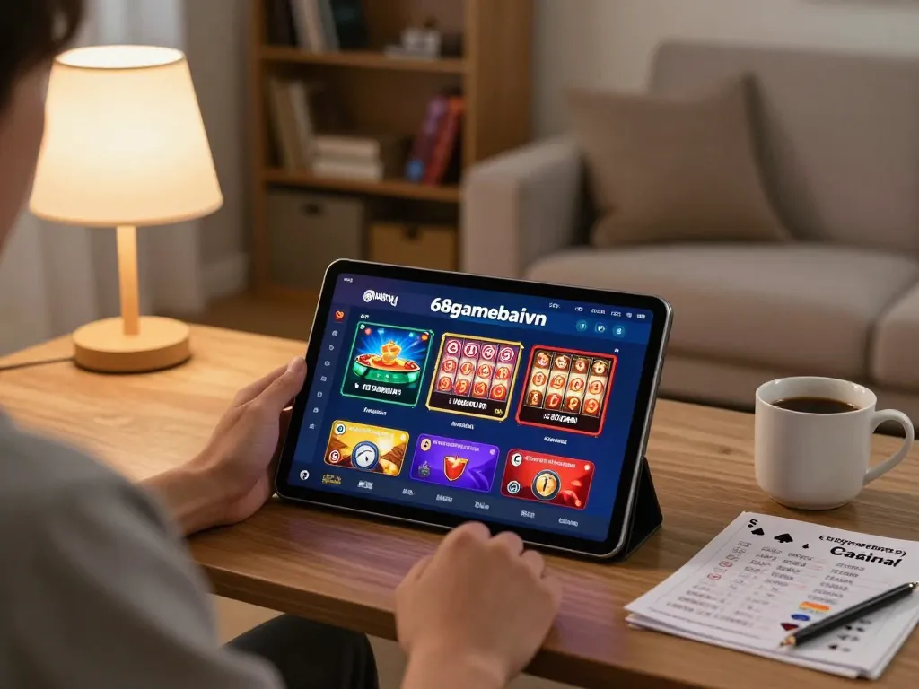 An engaged player exploring the 68gamebaivn online casino app on a tablet in a cozy home setting.