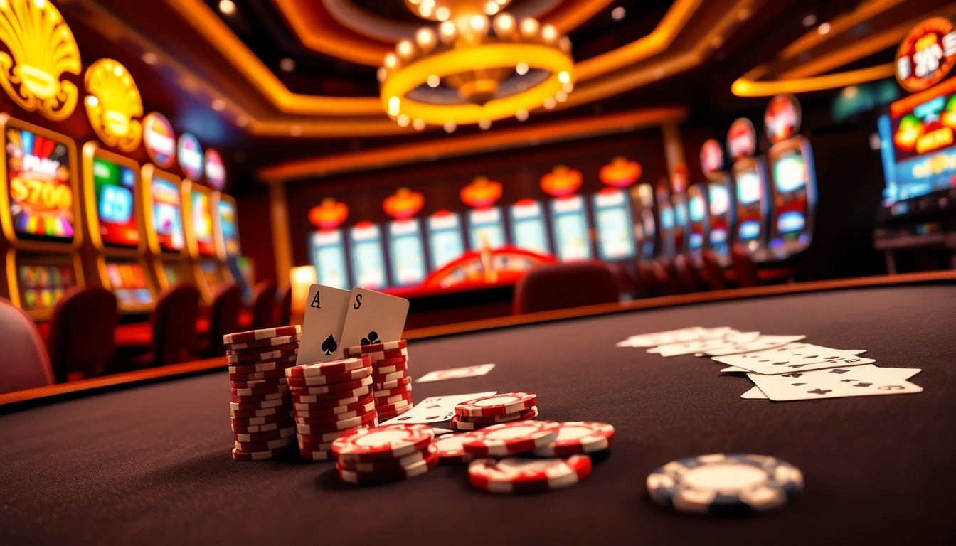 Experience the thrill of gambling at Bsport with a luxurious poker setup featuring cards, chips, and roulette.