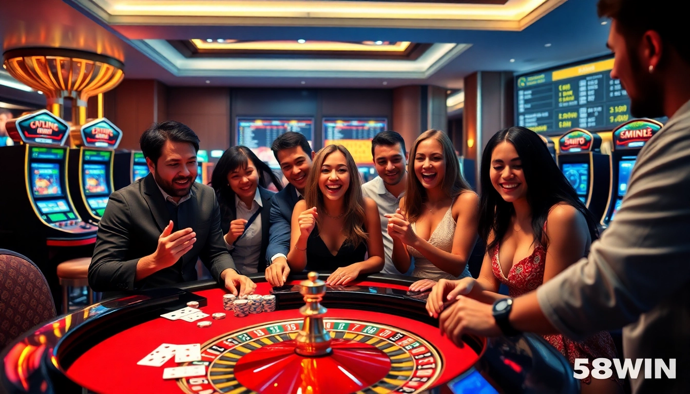 Engaging scene of gamers at nhà cái 58WIN playing table games and slot machines.