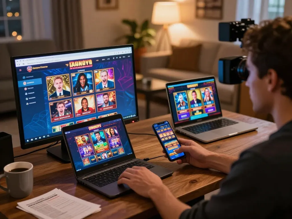 O8 HAIR user enjoys online slots gameplay with a modern, engaging setup in a cozy space