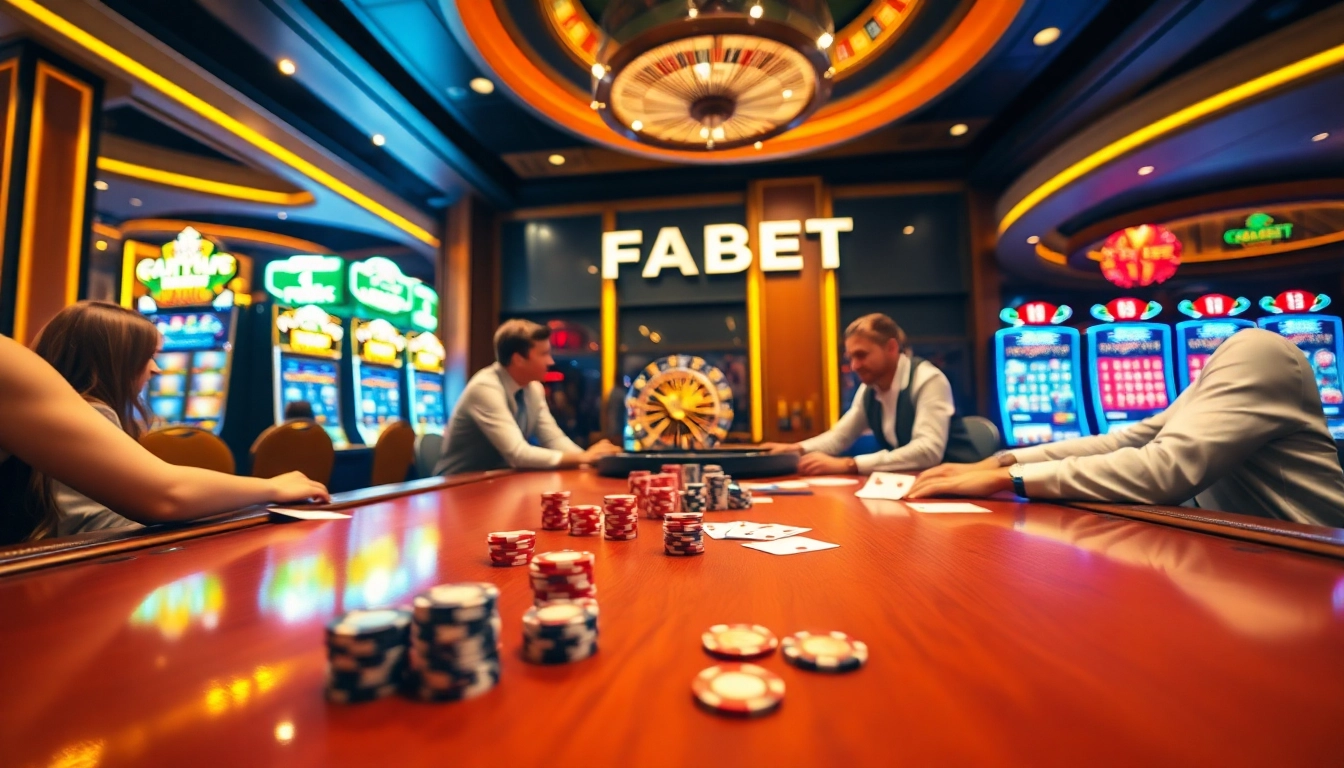Experience thrilling gaming at FABET with vibrant tables, poker chips, and winning players.