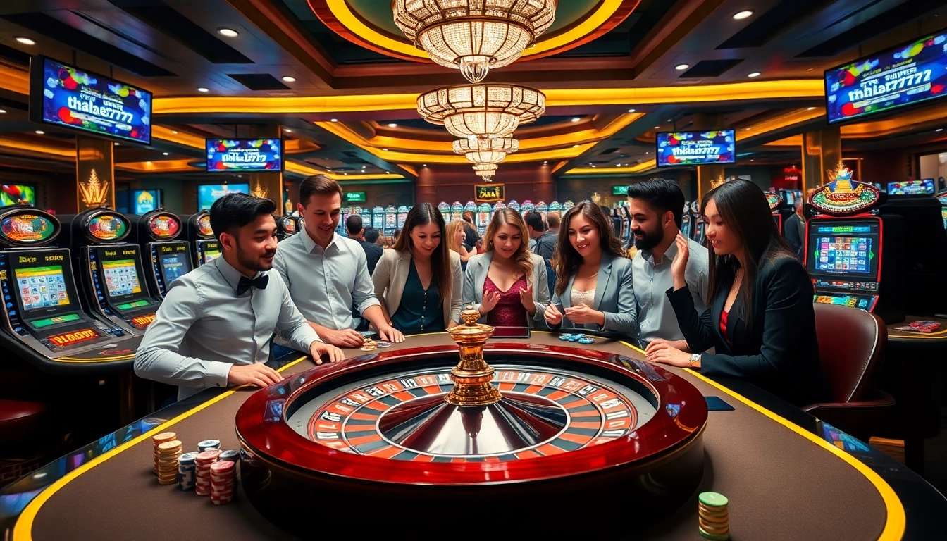 Action at the thabet777 gaming table with vibrant players and luxurious casino atmosphere.