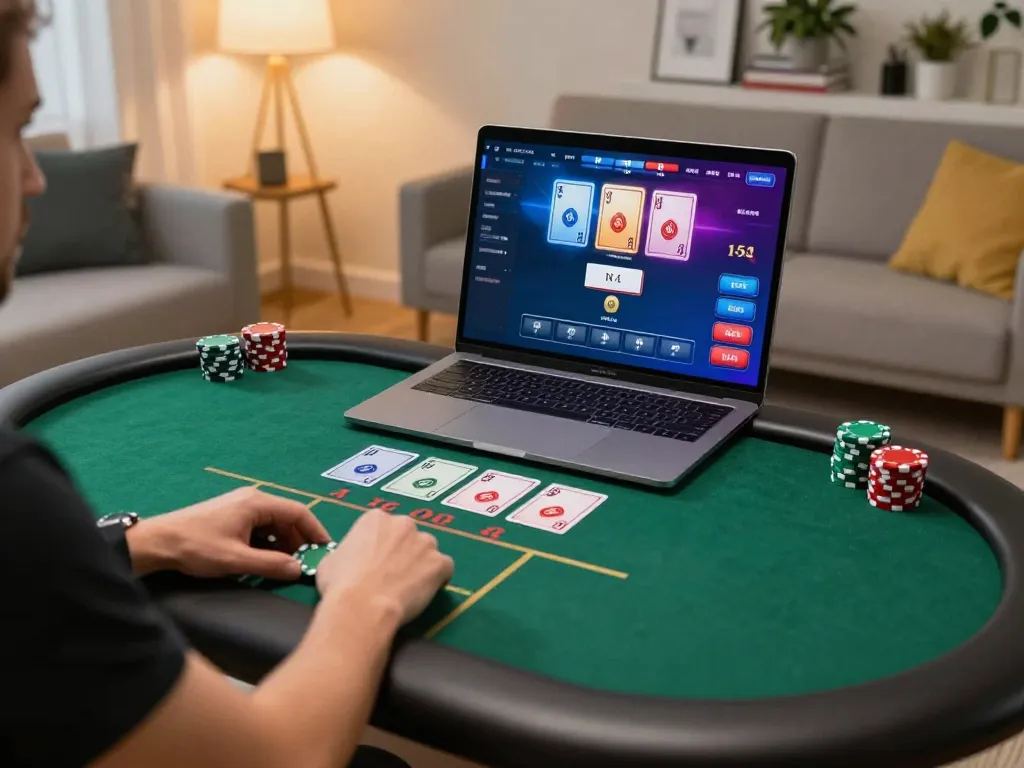 Engaged user playing poker on abc999 casino platform from cozy home setup