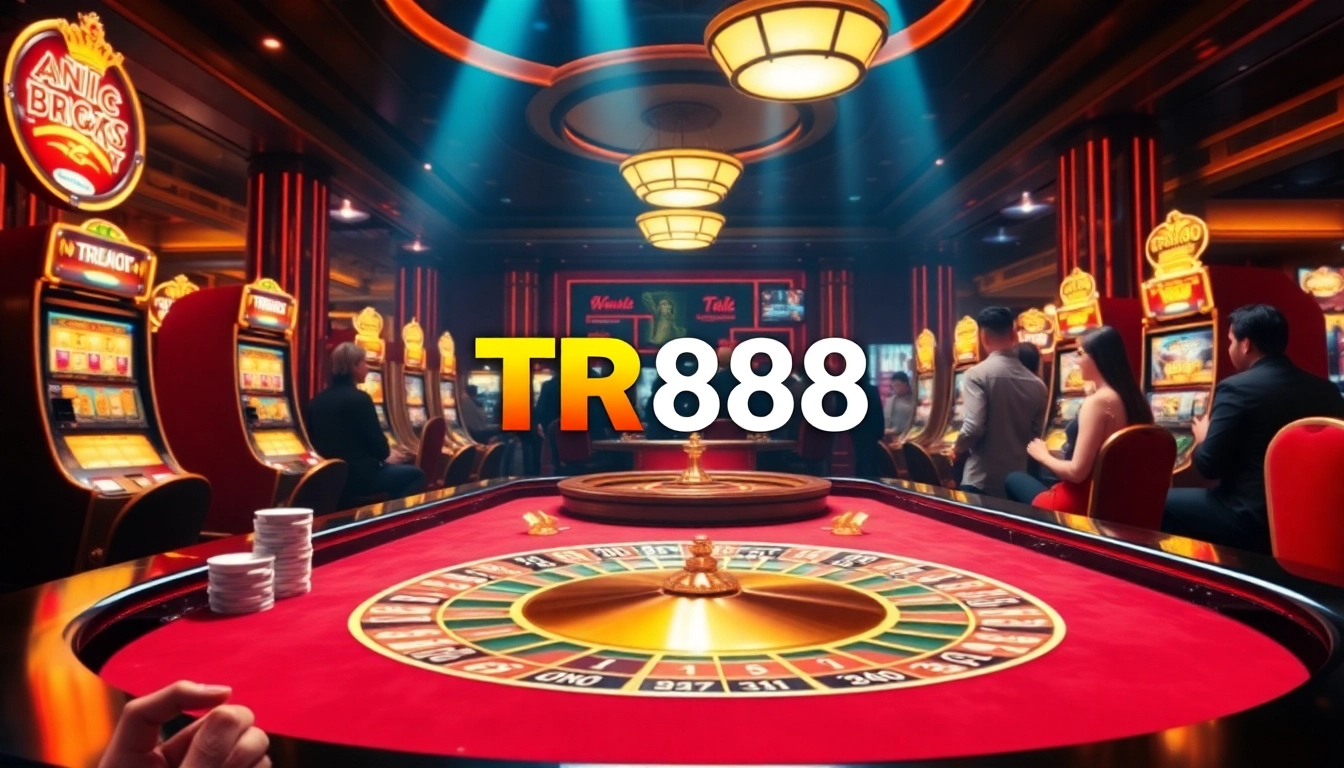 Experience the thrill of TR888 at a luxurious casino table, surrounded by vibrant poker chips and slot machines.