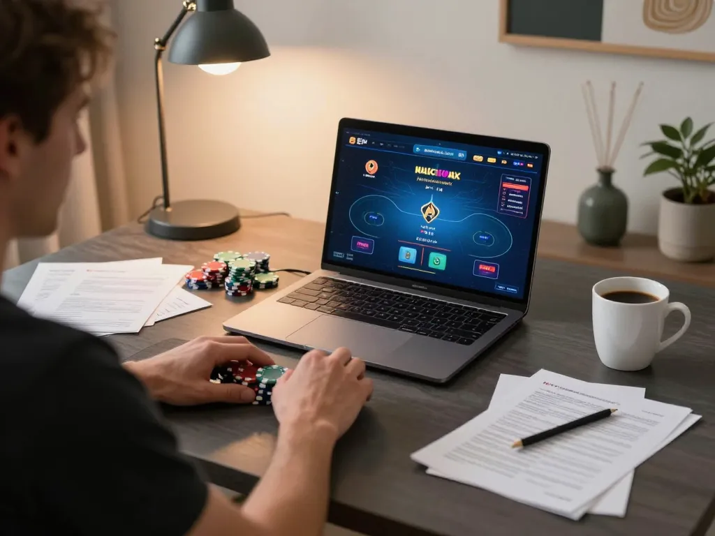 Player strategizing during an online poker game at home on 79king com, showcasing colorful chips and warm ambiance.