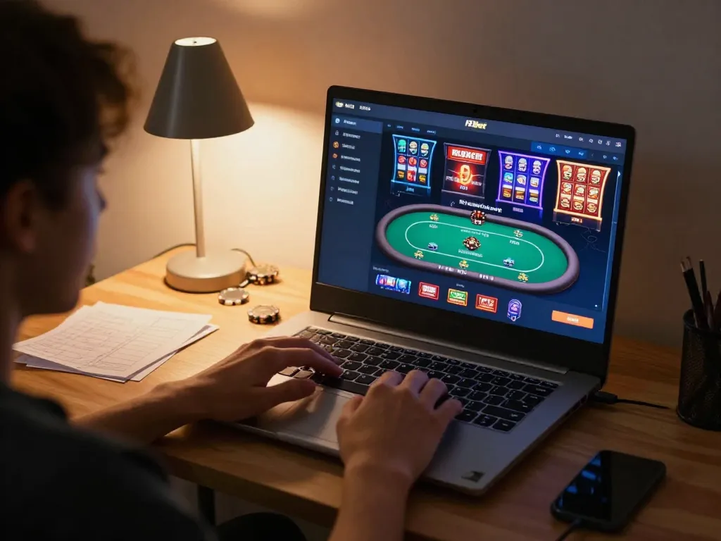 Players strategizing with F8bet casino games on laptops, creating an engaging gaming environment.