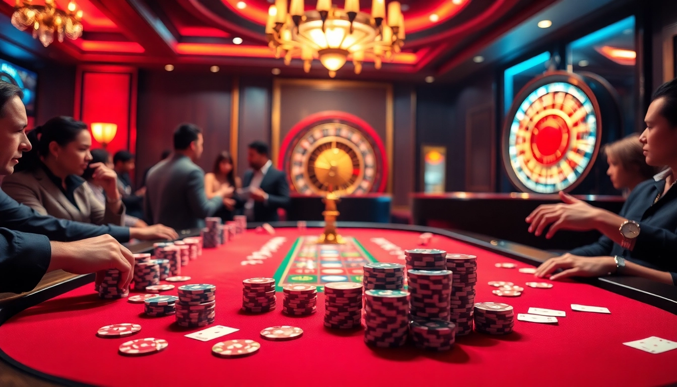 A dynamic casino scene at 79king.com showcasing poker players engaged in thrilling gameplay with colorful chips.