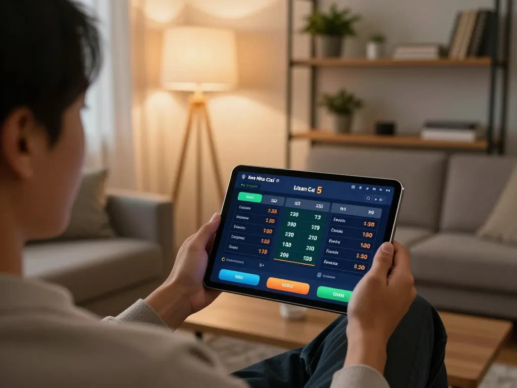 Engaging male user placing bets on Keo Nha Cai 5 for sports games on a tablet in a cozy living room