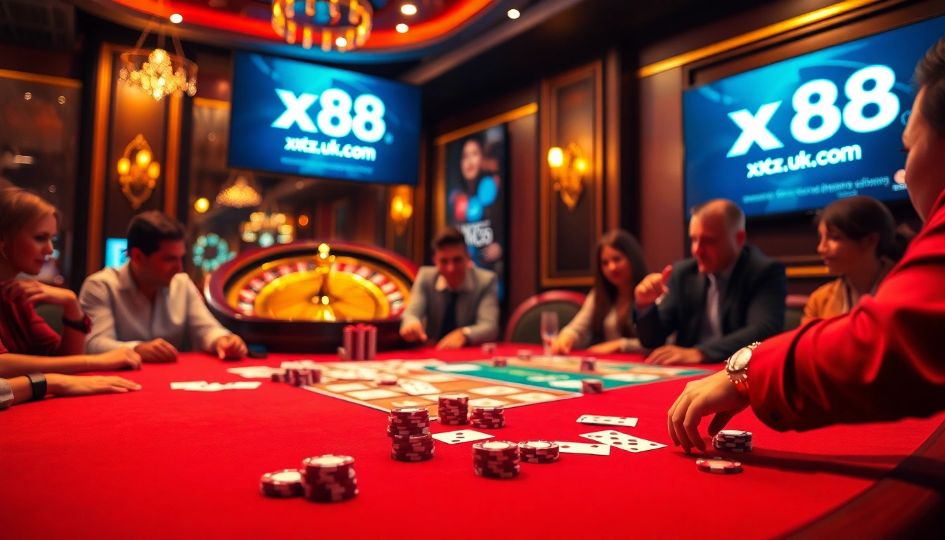 Experience thrilling gameplay at xx88.uk.com with a vibrant casino scene showcasing poker games and roulette.