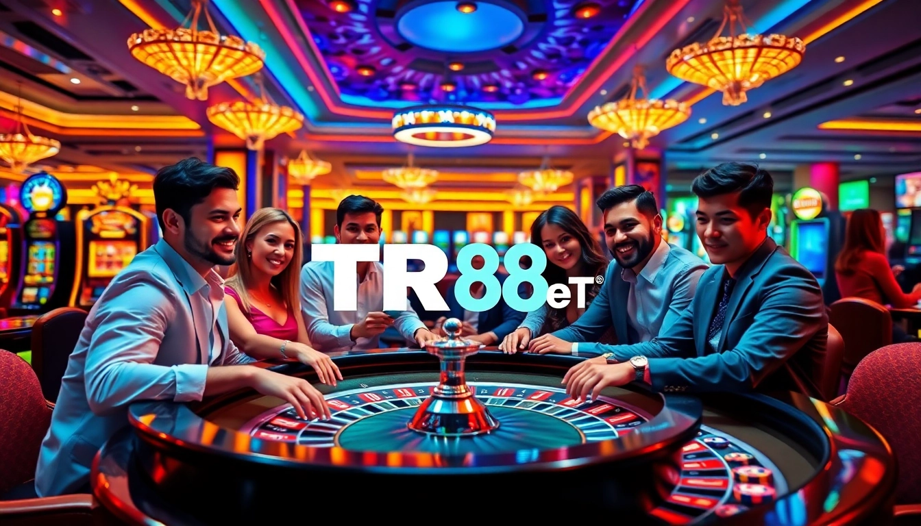 Players enjoying the excitement of TR88 bet at a polished casino table, showcasing vibrant poker chips and slot machines.