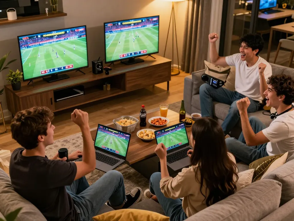 Friends enjoying a lively sports betting session at home with Nowgoal displaying live odds on screens.