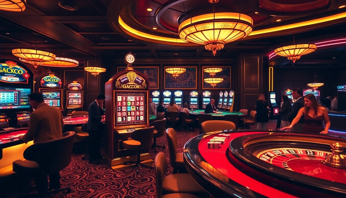 Experience the thrill of slot gacor action at an upscale casino, featuring dynamic gaming tables and vibrant ambiance.