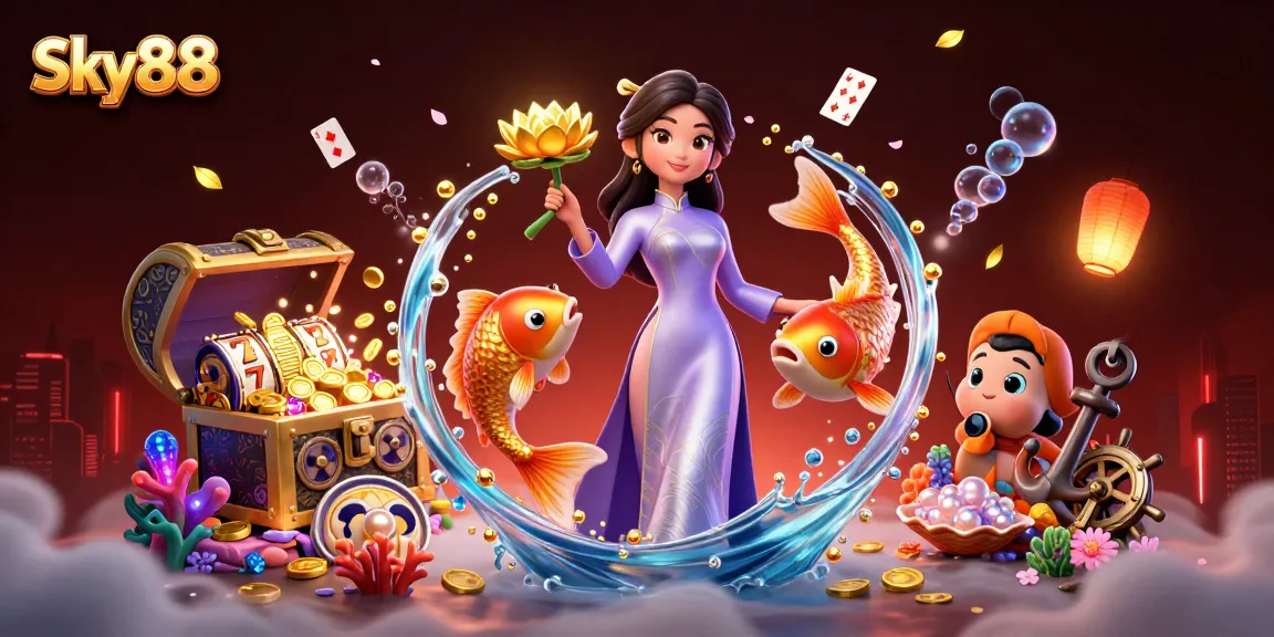 Engage with Sky88's captivating gaming experience featuring vibrant characters and lively casino elements.