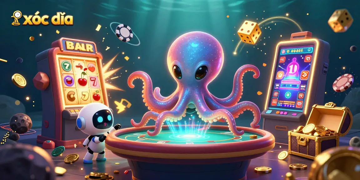 Xóc đĩa game action illustrated by an alien octopus at a holographic poker table with dynamic casino elements.