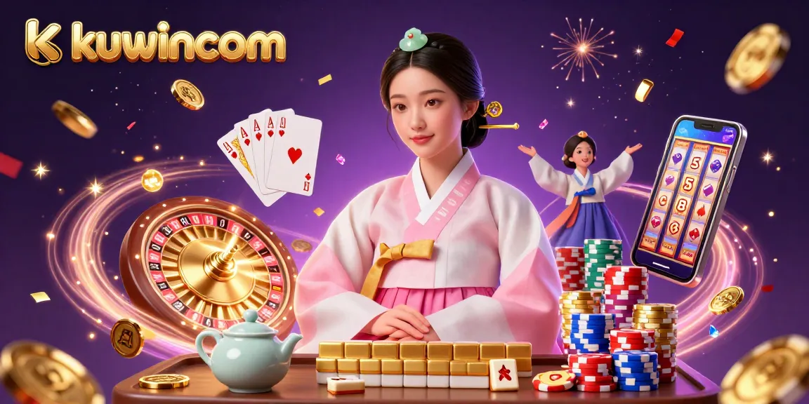 Experience thrilling games at kuwincom with a photorealistic Asian woman surrounded by casino elements.