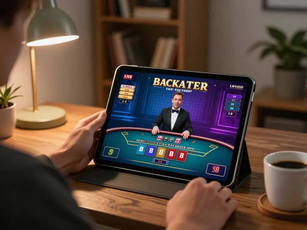 33win player engaging in strategic Baccarat gameplay on a tablet at home for online casino