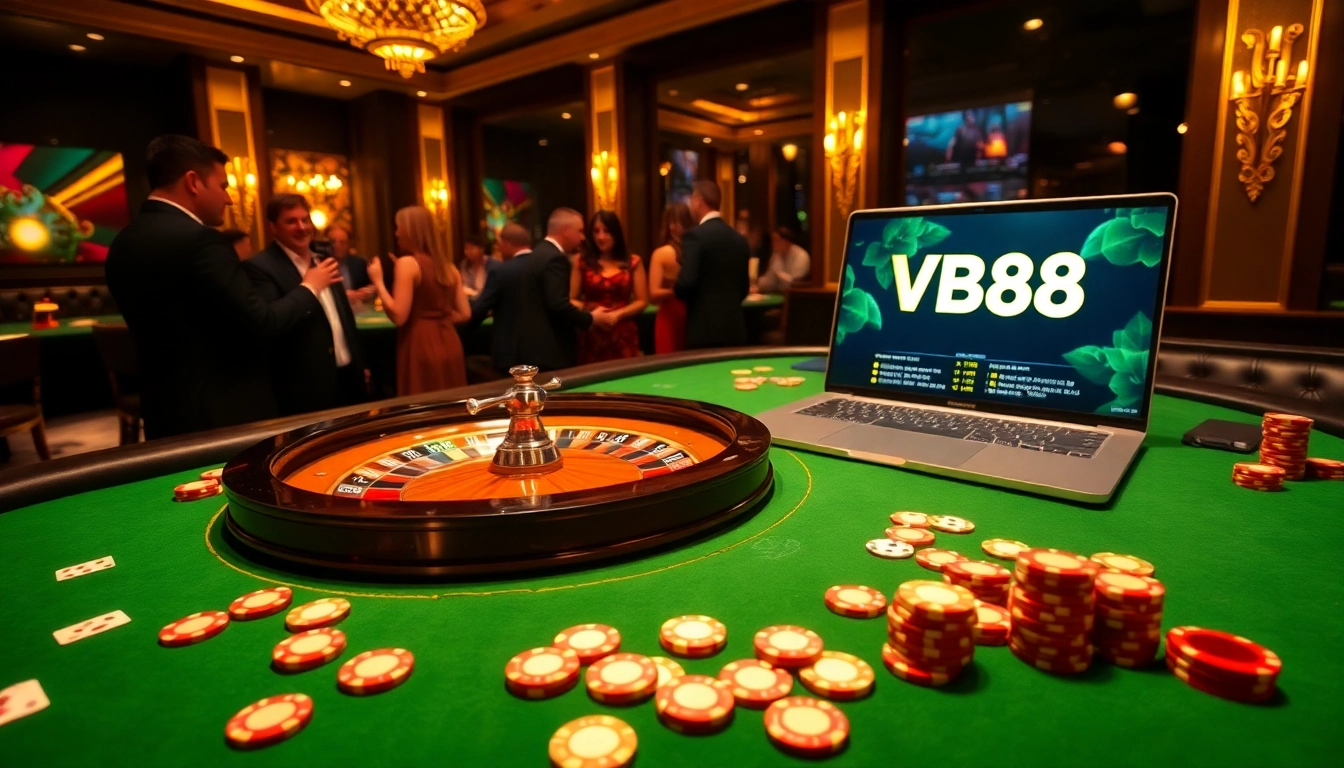 Exciting VB88 live casino scene showcasing elegant gambling tables and vibrant poker chips.