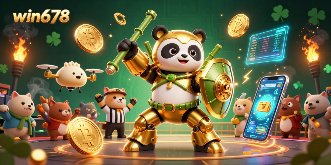 Experience thrilling gameplay at win678 featuring a mech-suit panda in a vibrant casino arena.