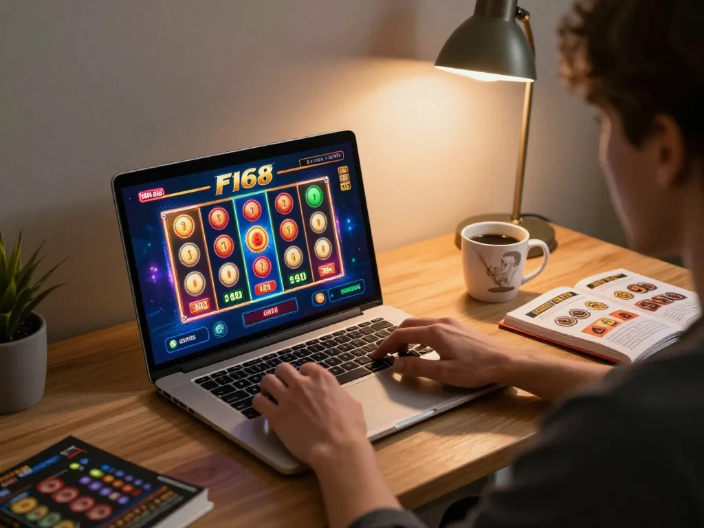Engaging gameplay on Nhà Cái F168 online casino showcasing vibrant slot games in a cozy home office.