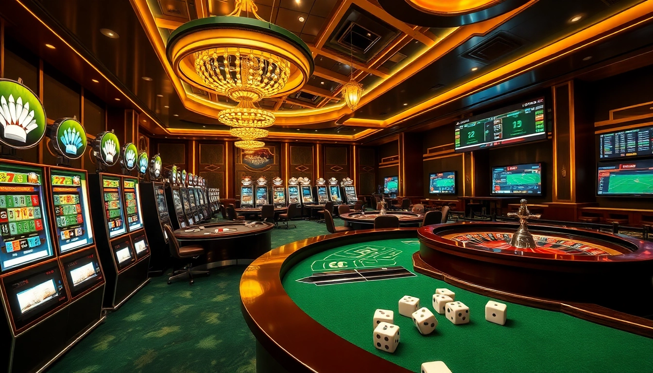 Experience thrilling gaming action with 8kbet's luxurious online casino environment featuring slot machines and poker tables.